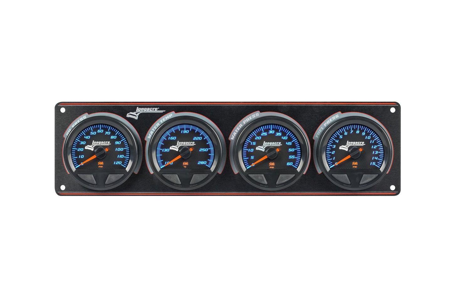 SMi™ Elite Waterproof Gauge Panel from Longacre, 4 Gauge Oil Pressure/Water Temperature/Water Pressure/Fuel Pressure