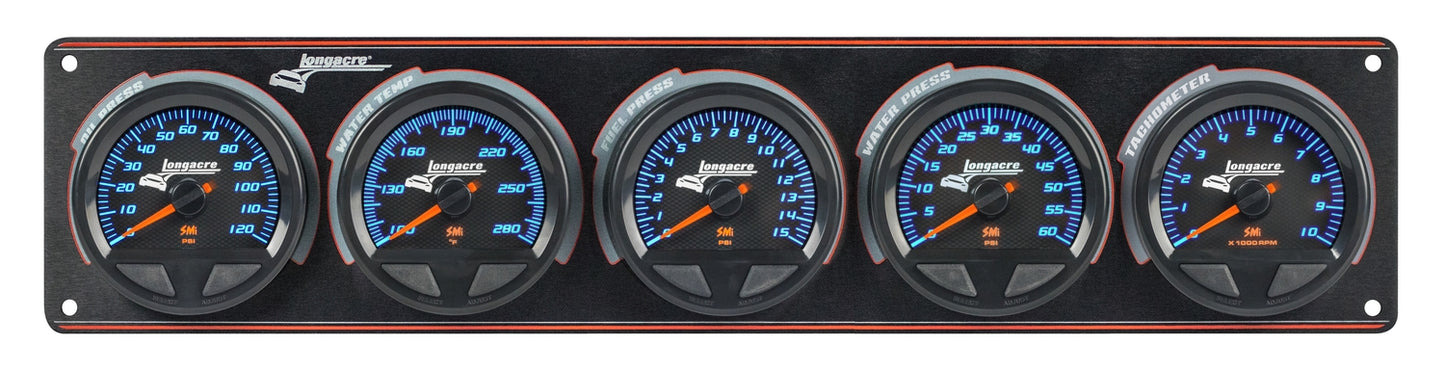 SMi™ Elite Waterproof Gauge Panel from Longacre, 4 Gauge Oil Pressure/Water Temperature/Fuel Pressure/Water Pressure/Tach