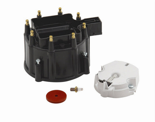 Cap and Rotor Kit - HEI Style Terminal - Brass Terminals - Screw Down - Black - Non-Vented - Coil in Cap - Chevy V8 - Kit