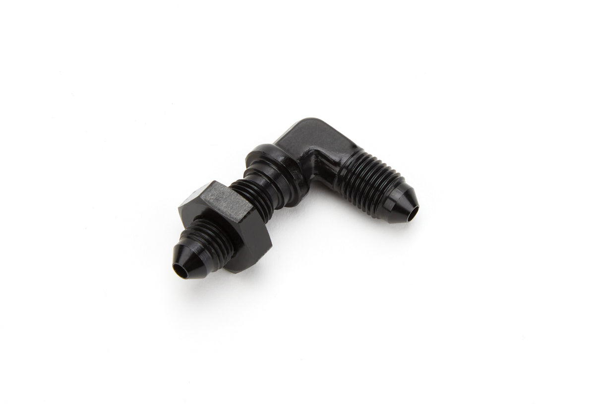 Fitting - Bulkhead - 90 Degree - 3 AN Male to 3 AN Male Bulkhead - Aluminum - Black Anodized - Each