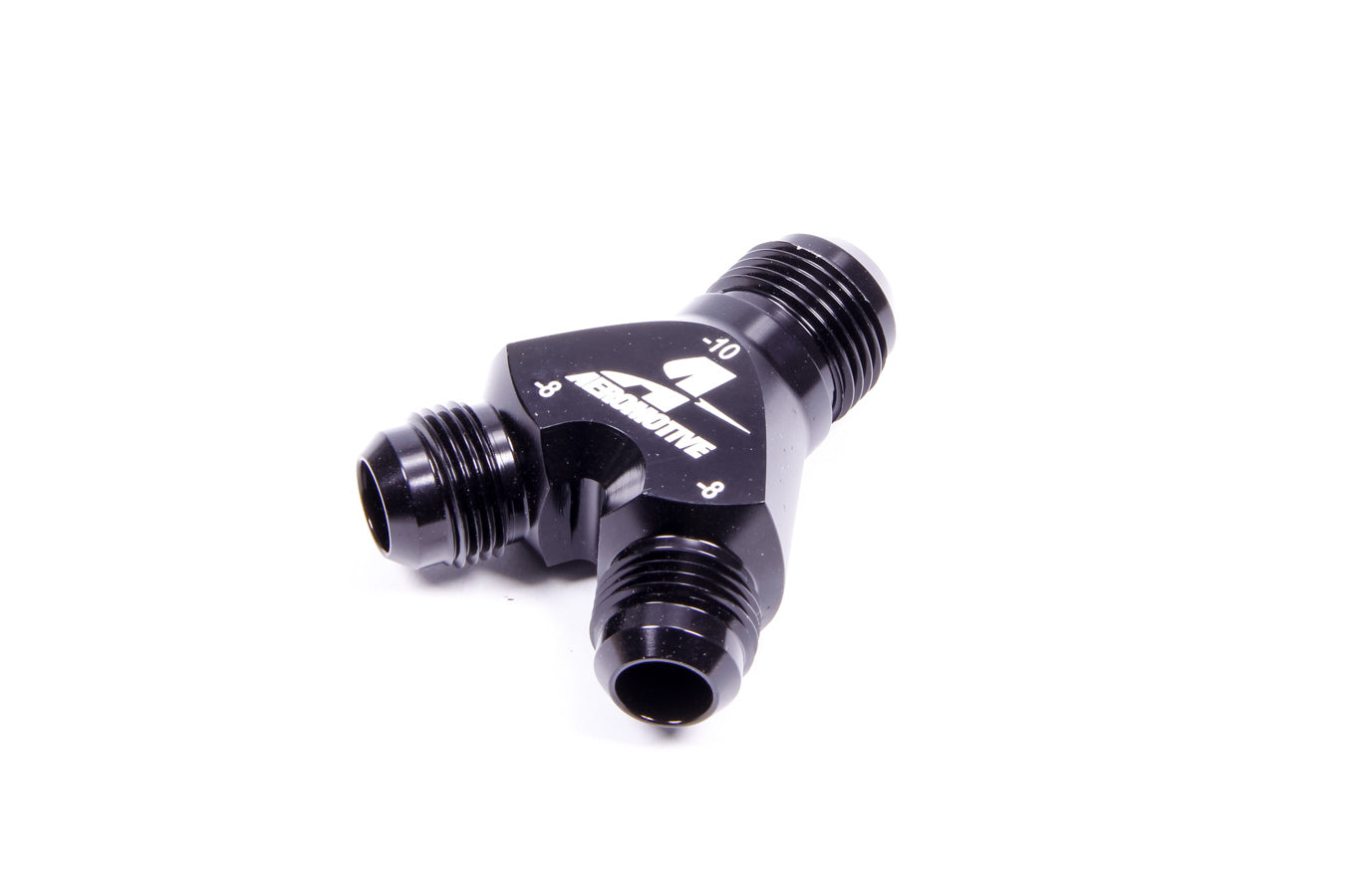 Fitting - Y Block - 10 AN Male Inlet - Dual 8 AN Male Outlets - Aluminum - Black Anodized - Each
