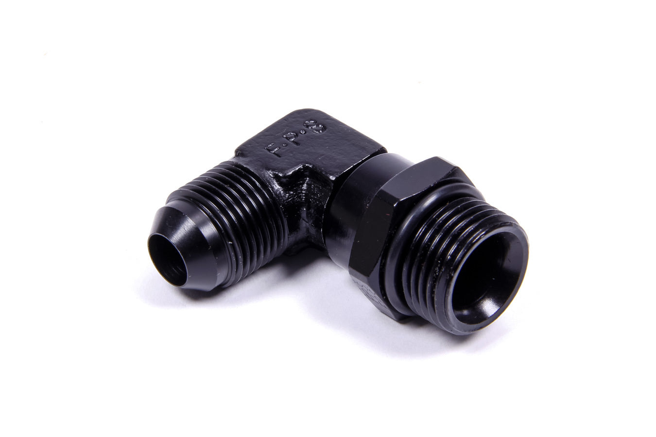 Fitting - Adapter - 90 Degree - 8 AN Male to 10 AN Male O-Ring Swivel - Aluminum - Black Anodized - Each