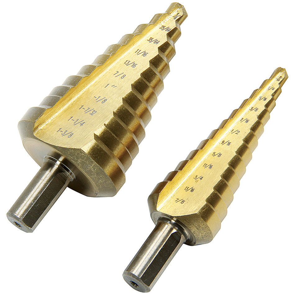 Drill Bit - Step - 3/16 to 7/8 in - 1/4 to 1-3/8 - 1/4 in Hex Shank - Steel - Titanium Coated - Kit