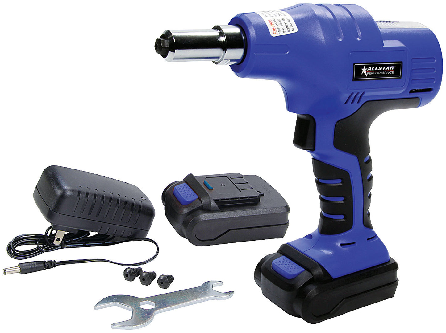 Rivet Gun - Electric - 1/8 to 3/16 in OD Rivets - Cordless - Batteries / Carry Case / Charger / Inserts / Wrench - Black / Blue - Each