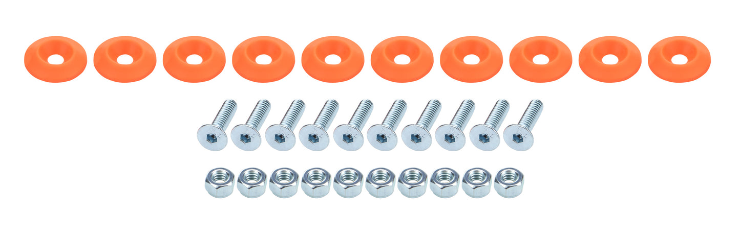 Body Bolt Kit - 1/4-20 in Thread - 1 in Long - Allen Head - Bolts / Countersunk Washers / Lock Nuts Included - Plastic / Steel - Fluorescent Orange / Zinc Oxide - Set of 10