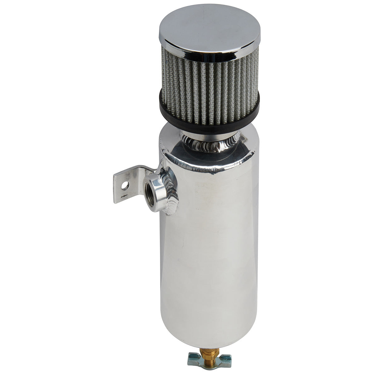 Breather Tank - Bolt-On - 3 in Diameter x 11.5 in Tall - 40 oz - 3/8 in NPT Left Side - Breather Included - Aluminum - Polished - Each
