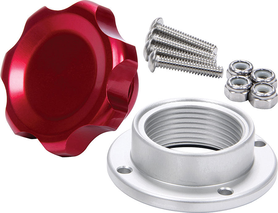 Bung and Cap Kit - 1.375 in OD - Bolt-On - Aluminum Bung - Aluminum Threaded Cap - Red Anodized - Kit