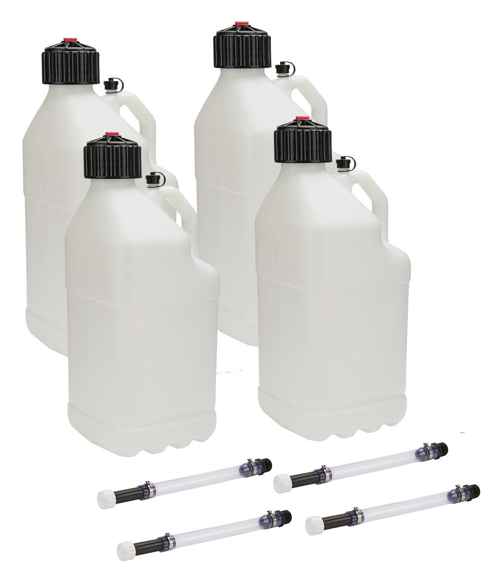 Utility Jug - 5 gal - 9.5 x 9.5 x 22.75 in Tall - O-Ring Seal Cap - Screw-On - Vent - Filler Hose - Square - Plastic - Clear - Set of 4