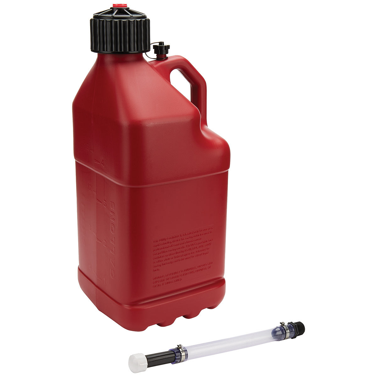 Utility Jug - 5 gal - 9.5 x 9.5 x 22.75 in Tall - O-Ring Seal Cap - Screw-On Vent - Filler Hose - Square - Plastic - Red - Each