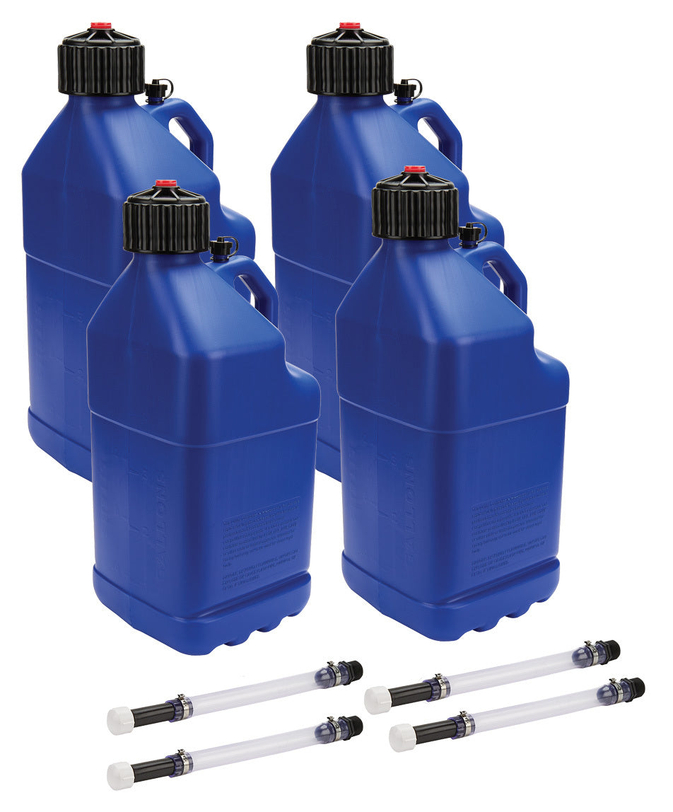 Utility Jug - 5 gal - 9.5 x 9.5 x 22.75 in Tall - O-Ring Seal Cap - Screw-On - Vent - Filler Hose - Square - Plastic - Blue - Set of 4