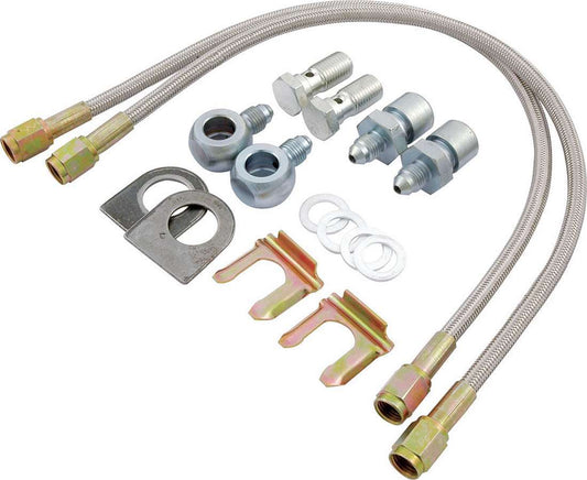 Brake Hose Kit - 15 in Long - 3 Hose - 3 AN Straight Inlet - 3 AN Straight Outlet - Fittings / Tabs - Braided Stainless - GM Metric Calipers - Kit