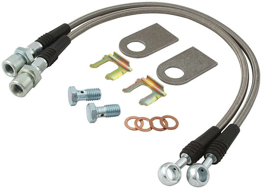 Brake Hose Kit - 16 in Long - 3/8-24 in Inverted Flare Straight Inlet - 10 mm x 1.50 Banjo Straight Outlet - Fittings / Tabs - Braided Stainless - GM Metric Calipers - Kit