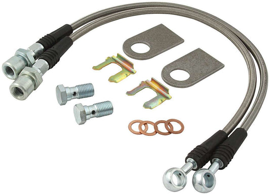 Brake Hose Kit - 16 in Long - 3/8-24 in Inverted Flare Straight Inlet - 7/16-20 in Banjo Straight Outlet - Fittings / Tabs - Braided Stainless - Big GM Calipers - Kit