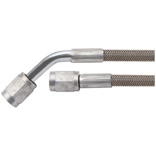 Brake Hose - 14 in Long - 3 AN Hose - 3 AN Straight Female to 3 AN 45 Degree Female - Braided Stainless - PTFE Lined - Each
