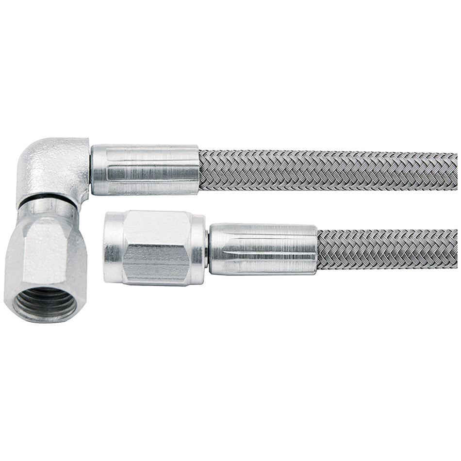 Brake Hose - 32 in Long - 3 AN Hose - 3 AN Straight Female to 3 AN 90 Degree Female - Braided Stainless - PTFE Lined - Each