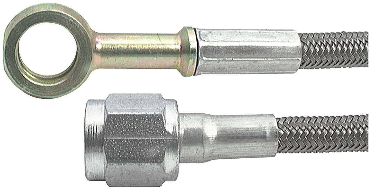 Brake Hose - 18 in Long - 4 AN Hose - 4 AN Straight Female to 10 mm Straight Banjo - Braided Stainless - PTFE Lined - Each