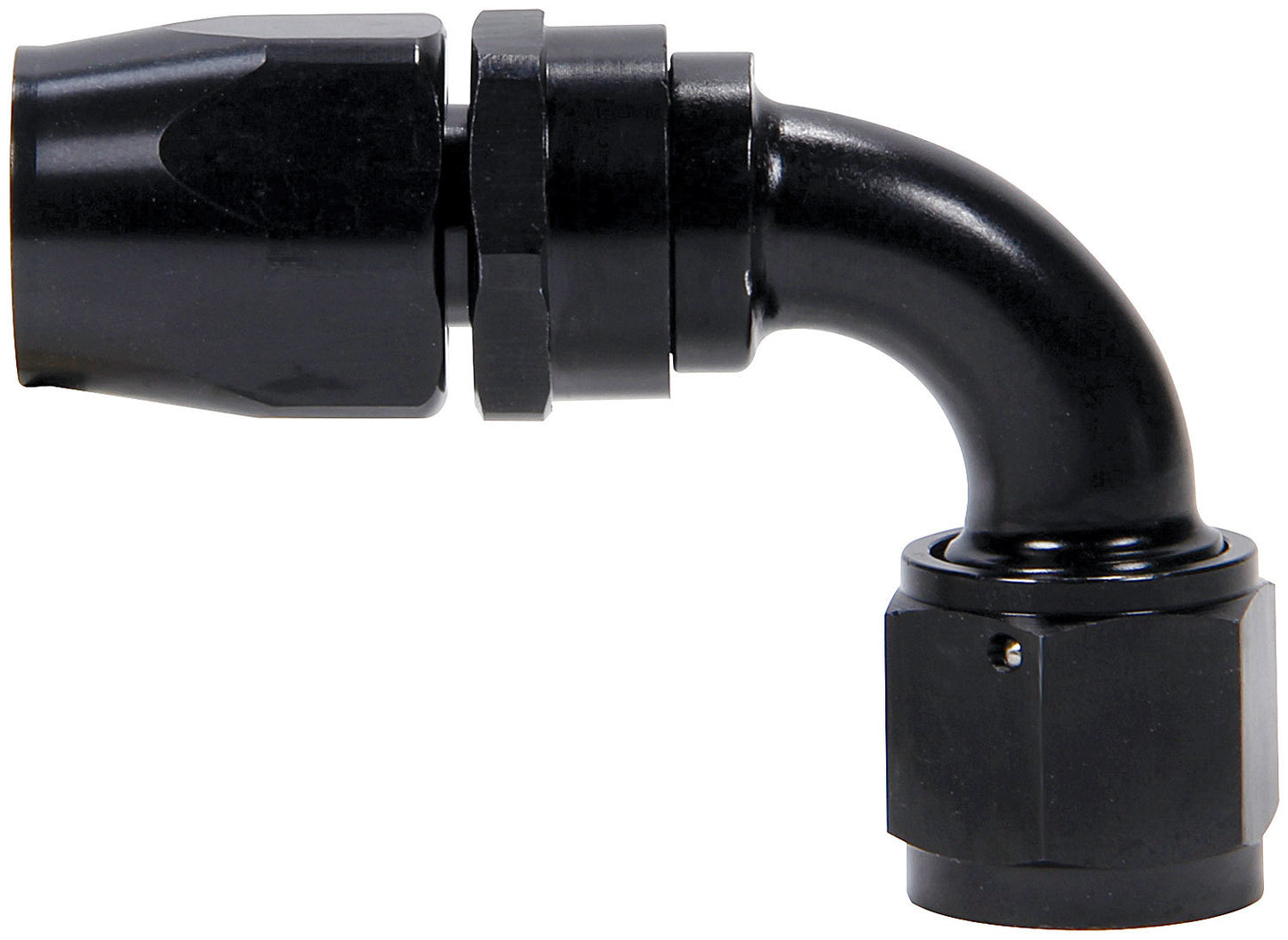 Fitting - Hose End - Power Steering - 90 Degree - 10 AN Hose to 10 AN Female Swivel - Aluminum - Black Anodized - Each
