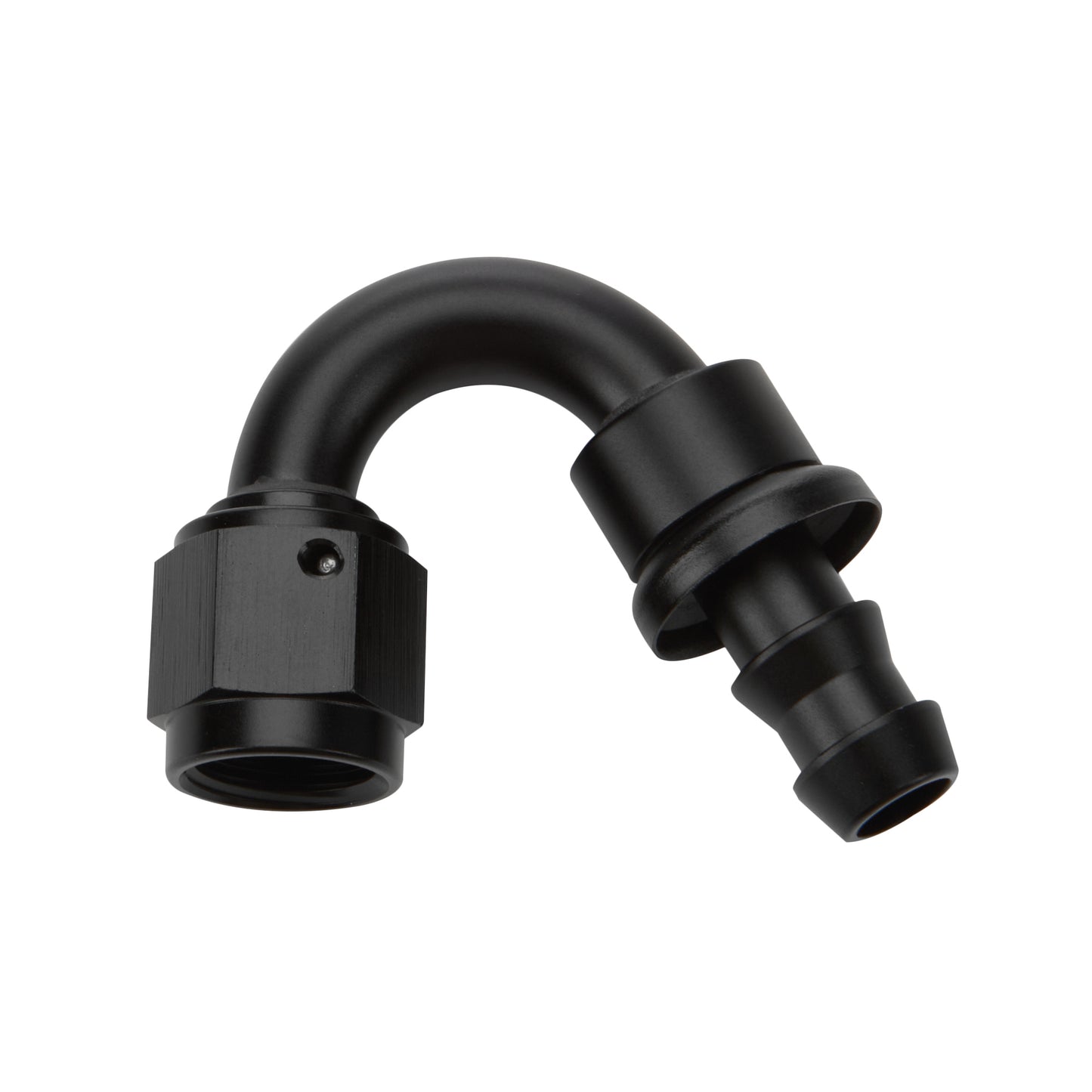 Fitting - Hose End - 150 Degree - 8 AN Hose Barb to 8 AN Female - Aluminum - Black Anodized - Each