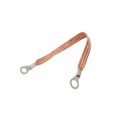 Ground Strap - Flat Braided - 14 Gauge - 24 in Long - 1/4 in Wide - 3/8 in Ring Terminals - Braided Copper - Natural - Each