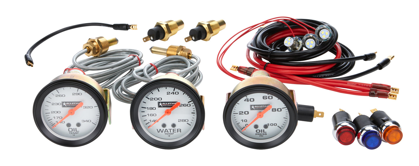 Gauge Kit - Oil Pressure / Water Temperature / Oil Temperature - 2-5/8 in Diameter - White Face - Warning Light - Kit
