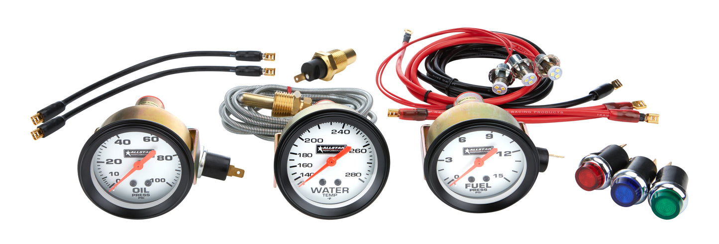 Gauge Kit - Oil Pressure / Water Temperature / Fuel Pressure - 2-5/8 in Diameter - White Face - Warning Light - Kit