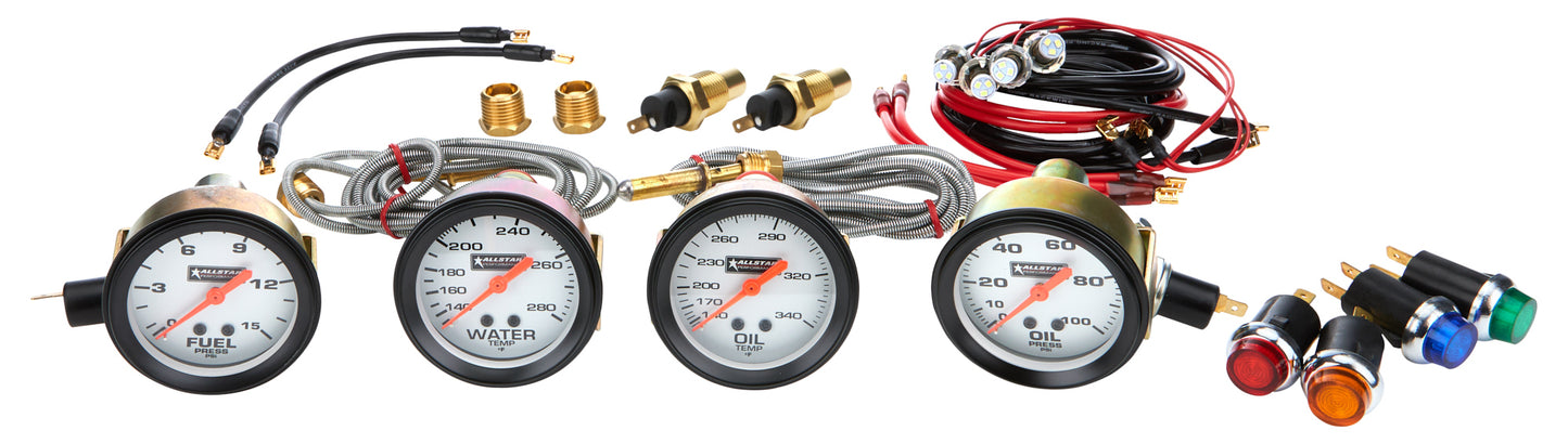 Gauge Kit - Oil Pressure / Water Temperature / Oil Temperature / Fuel Pressure - 2-5/8 in Diameter - White Face - Warning Light - Kit