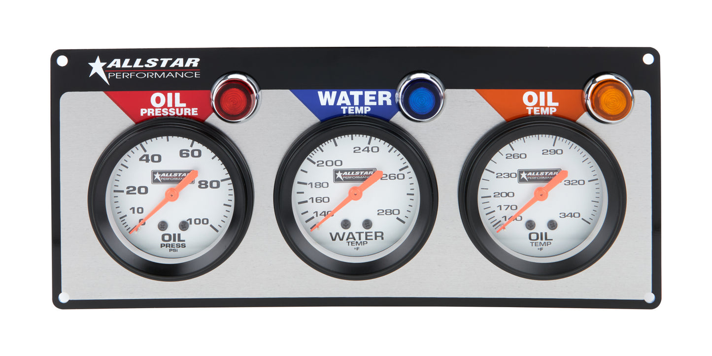 Gauge Panel Assembly - Oil Pressure / Oil Temperature / Water Temperature - 2-5/8 in Diameter - Silver Face - Warning Light - Kit