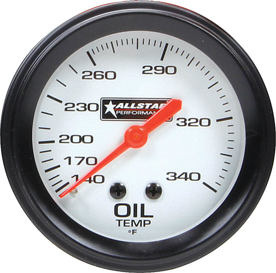 Oil Temperature Gauge - 140-340 Degree F - Mechanical - Analog - Full Sweep - 2-5/8 in Diameter - Silver Face - Each