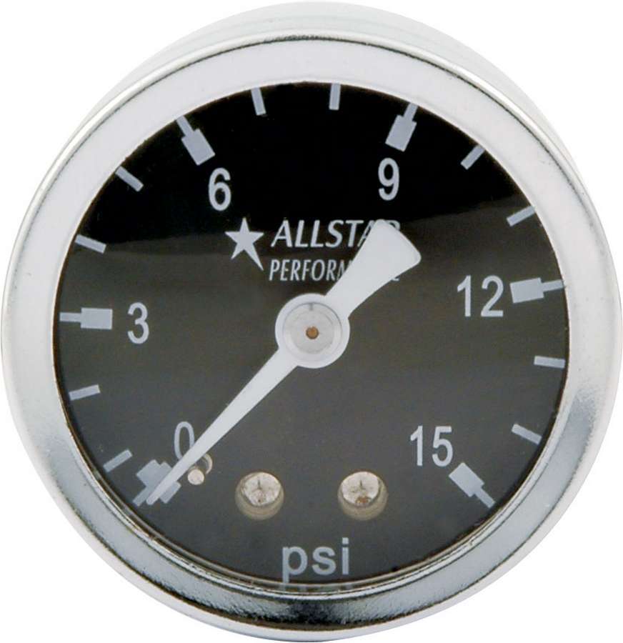 Pressure Gauge - 0-15 psi - Mechanical - Analog - 1-1/2 in Diameter - Liquid Filled - 1/8 in NPT Port - Black Face - Each