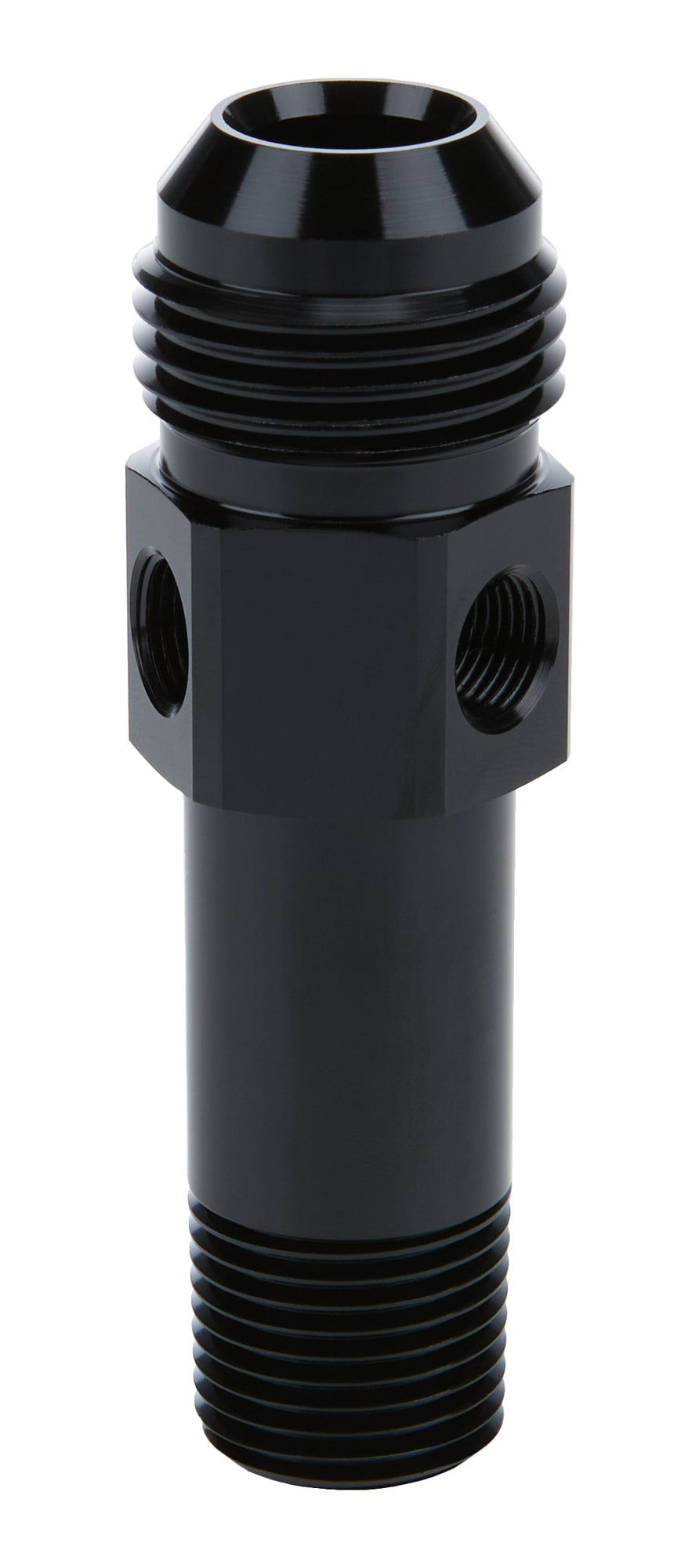 Extended Oil Inlet - Straight - 12 AN Male to 1/2 in NPT Male - 3 in Long - 1/8 in NPT Female Port - Aluminum - Black Anodized - Each