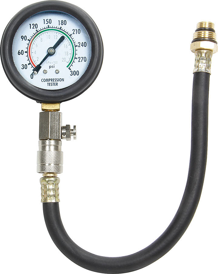 Compression Gauge - 0-300 psi - Mechanical - Analog - 2-1/2 in Diameter - White Face - Black Pointer - Requires Adapter - Each