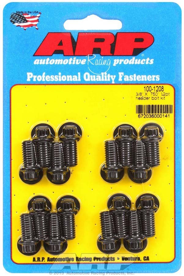 Header Bolt - 3/8-16 in Thread - 0.75 in Long - 12 Point Head - Chromoly - Black Oxide - Universal - Set of 16