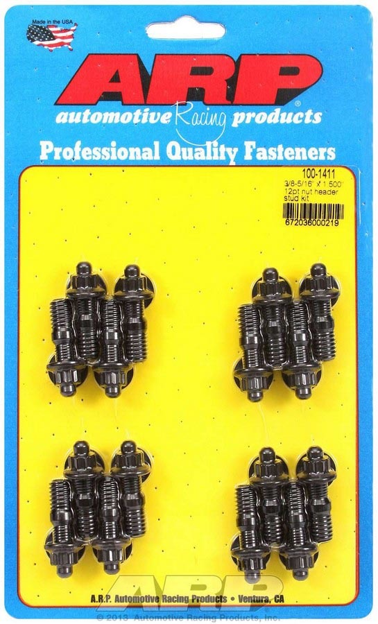 Header Stud - 3/8-5/16 in Diameter - 1.5 in Long - 12 Point Nuts - Chromoly - Black Oxide - Universal - Set of 16