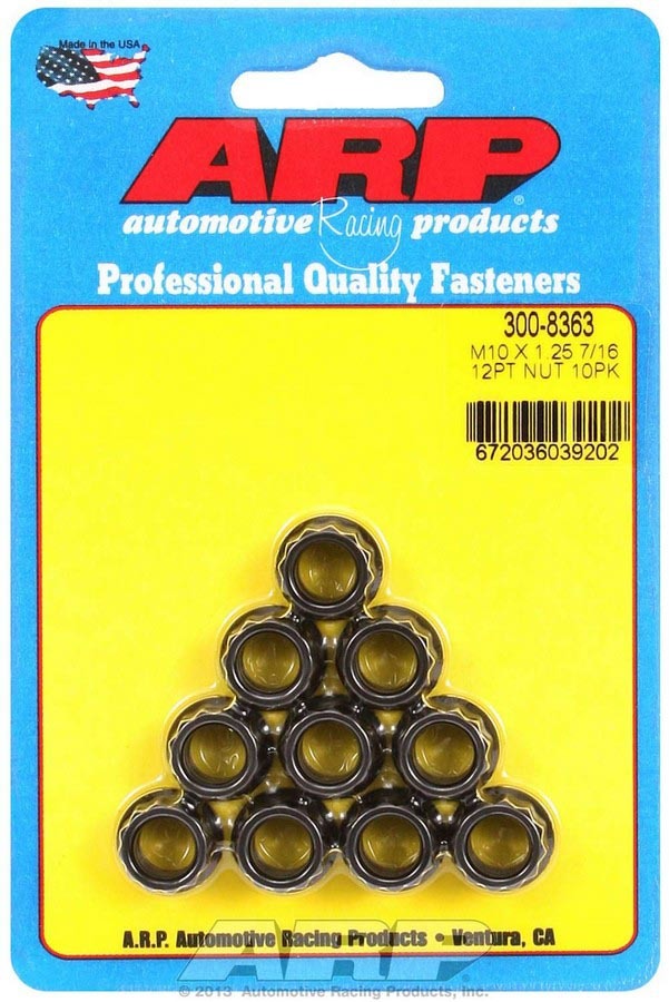 Nut - 10 mm x 1.25 Thread - 12 mm 12 Point Head - Small Collar - Chromoly - Black Oxide - Universal - Set of 10