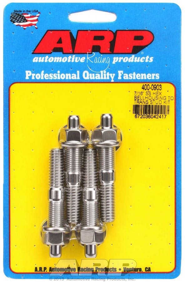 Bellhousing Stud - 7/16-14 in Stud - 2.75 in Long - Hex Nuts - Washers Included - Stainless - Polished - Universal - Set of 4