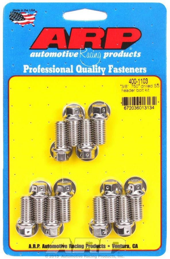 Header Bolt - 3/8-16 in Thread - 0.75 in Long - Hex Head - Stainless - Polished - Drilled - Small Block Chevy - Set of 12