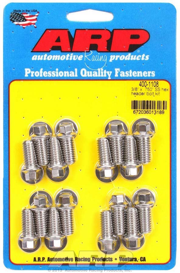 Header Bolt - 3/8-16 in Thread - 0.75 in Long - Hex Head - Stainless - Polished - Universal - Set of 16