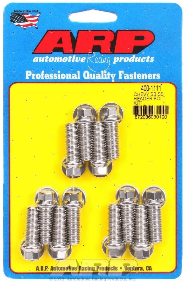 Header Bolt - 3/8-16 in Thread - 1 in Long - Hex Head - Stainless - Polished - Small Block Chevy - Set of 12