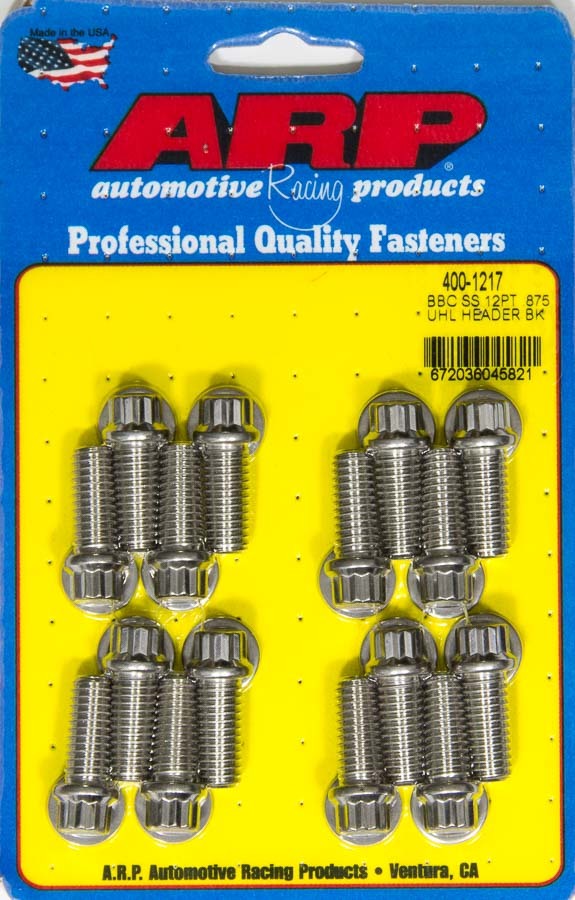 Header Bolt - 3/8-16 in Thread - 0.875 in Long - 12 Point Head - Stainless - Polished - Universal - Set of 16