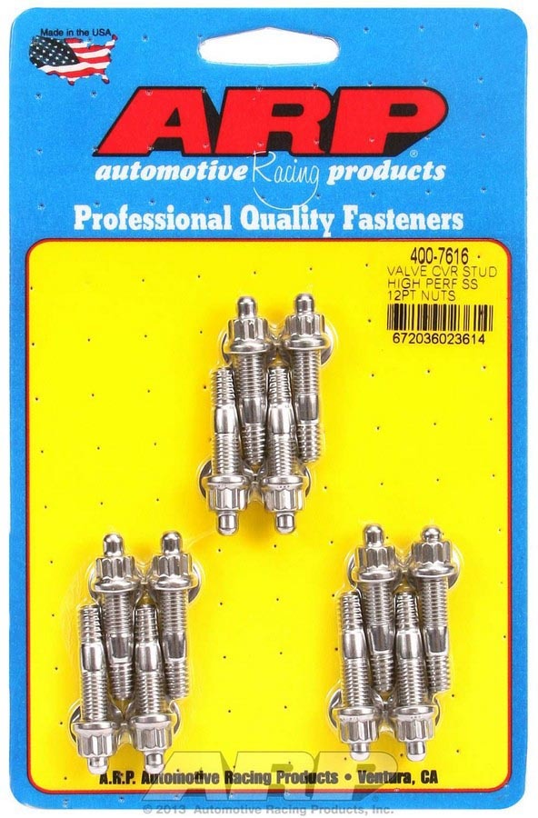 Valve Cover Fastener - Stud - 1/4-20 in Thread - 1.500 in Long - 12 Point Nuts - Stainless - Polished - Set of 12