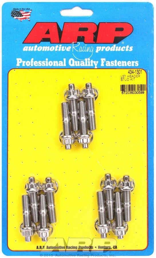 Header Stud - 8 mm x 1.25 Thread - 1.75 in Long - 12 Point Nuts - Stainless - Polished - GM LS-Series - Set of 12