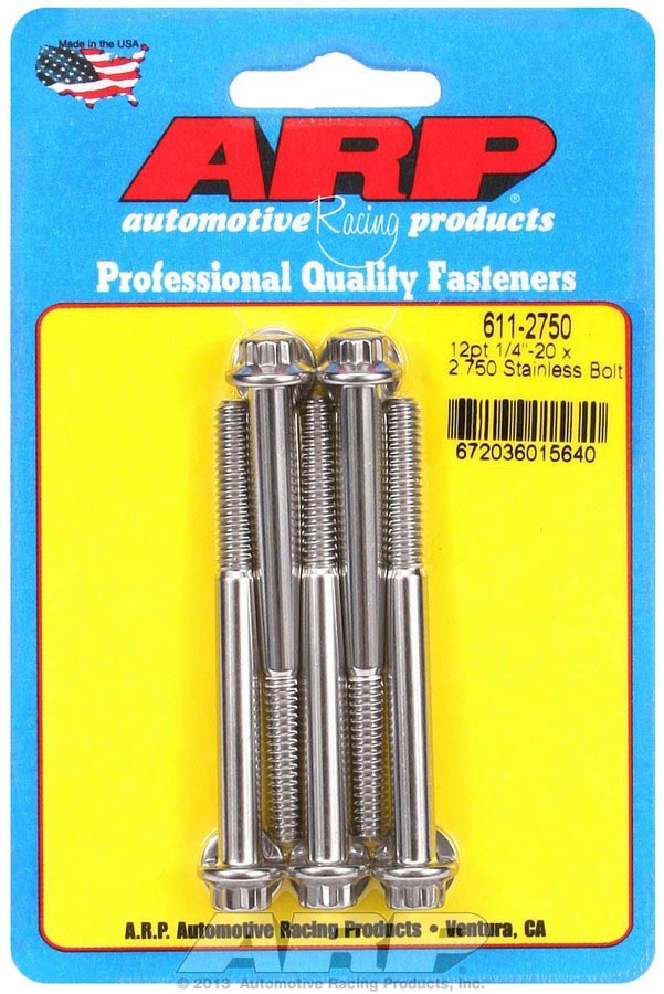 Bolt - 1/4-20 in Thread - 2.75 in Long - 5/16 in 12 Point Head - Stainless - Polished - Universal - Set of 5