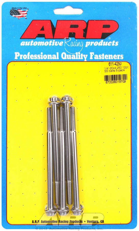 Bolt - 1/4-20 in Thread - 4.25 in Long - 5/16 in 12 Point Head - Stainless - Polished - Universal - Set of 5