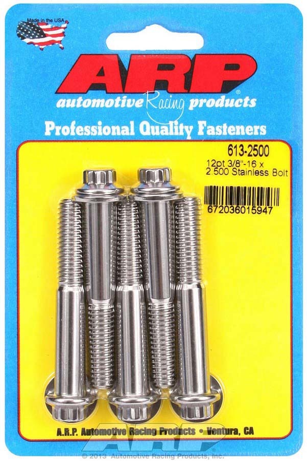 Bolt - 3/8-16 in Thread - 2.5 in Long - 3/8 in 12 Point Head - Stainless - Polished - Universal - Set of 5