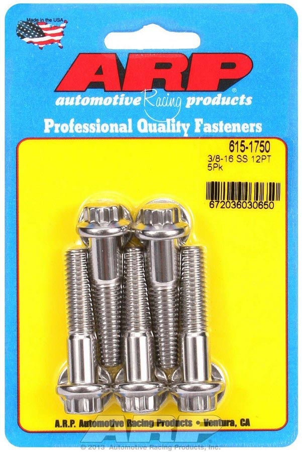 Bolt - 3/8-16 in Thread - 1.75 in Long - 3/8 in 12 Point Head - Stainless - Polished - Universal - Set of 5