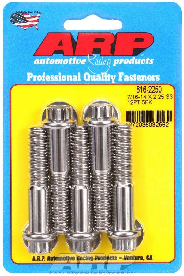 Bolt - 7/16-14 in Thread - 2.25 in Long - 7/16 in 12 Point Head - Stainless - Polished - Universal - Set of 5