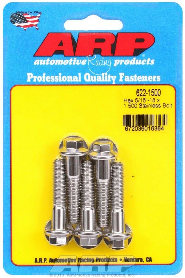 Bolt - 5/16-18 in Thread - 1.5 in Long - 3/8 in Hex Head - Stainless - Polished - Universal - Set of 5