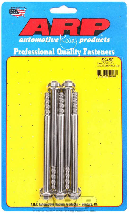 Bolt - 5/16-18 in Thread - 4.5 in Long - 3/8 in Hex Head - Stainless - Polished - Universal - Set of 5