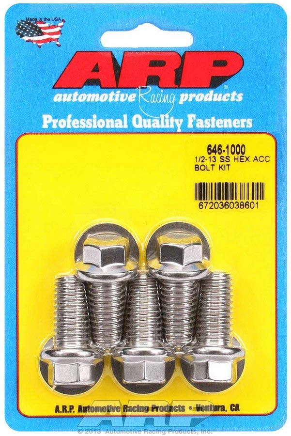 Bolt - 1/2-13 in Thread - 1 in Long - 9/16 in Hex Head - Stainless - Polished - Universal - Set of 5
