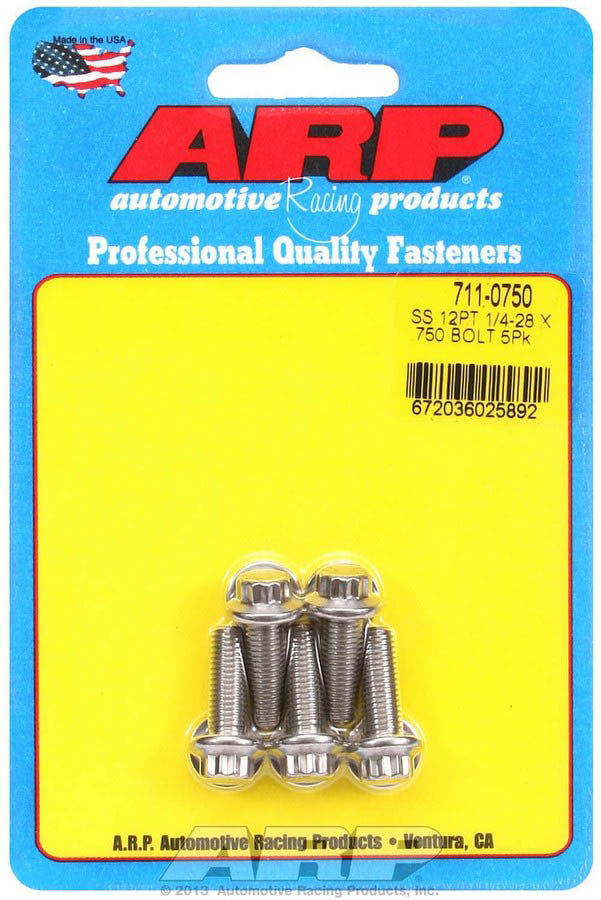Bolt - 1/4-28 in Thread - 0.75 in Long - 5/16 in 12 Point Head - Stainless - Polished - Universal - Set of 5